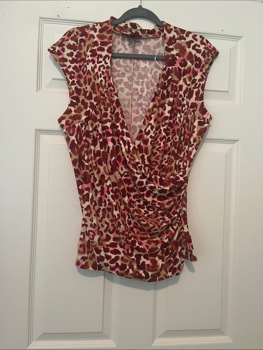 Ruched V-Neck Leopard Print Blouse in Pink and Brown